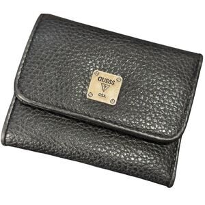 Guess USA Vegan Black Pebbled Leather Trifold Compact Wallet With Silver Logo